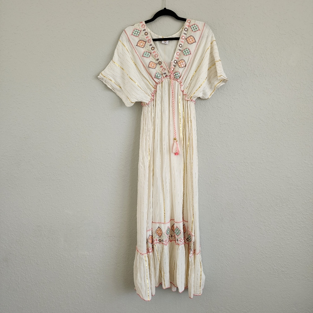 Embroidered Cream W/ Gold & Multicolor Accents Anthro Style Boho Maxi Dress NWOT